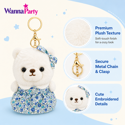 White Teddy Bear Plush Keychain, Cute Soft Bear Bag Charm with Blue Floral Dress | Gold Metal Chain, Backpack, Handbag, Keys, Birthday Return Gift & Party Favor – 1PC