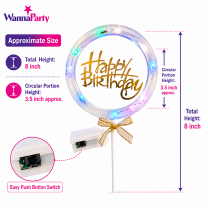 Happy Birthday LED Cake Topper, Transparent Round Cake Decoration with Gold Text, Built-In Light String & Bow for Birthday Party, Cakes, Cupcakes & Dessert Table – 1PC