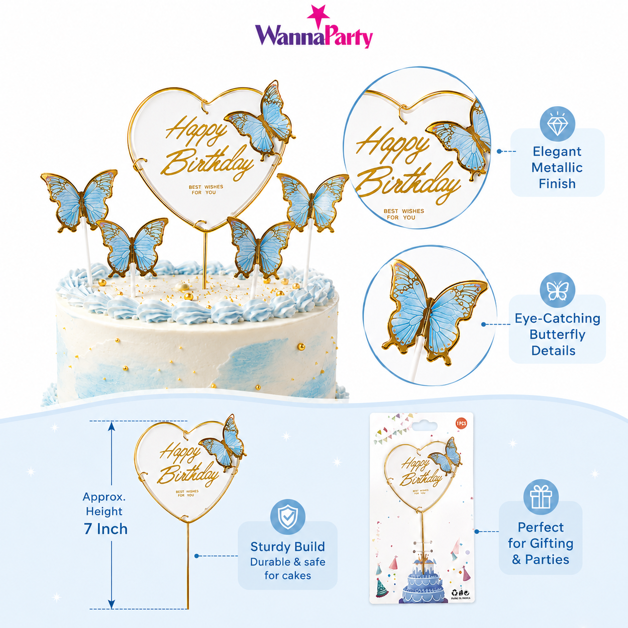 Happy Birthday Cake Topper with Blue Butterflies - 5PC
