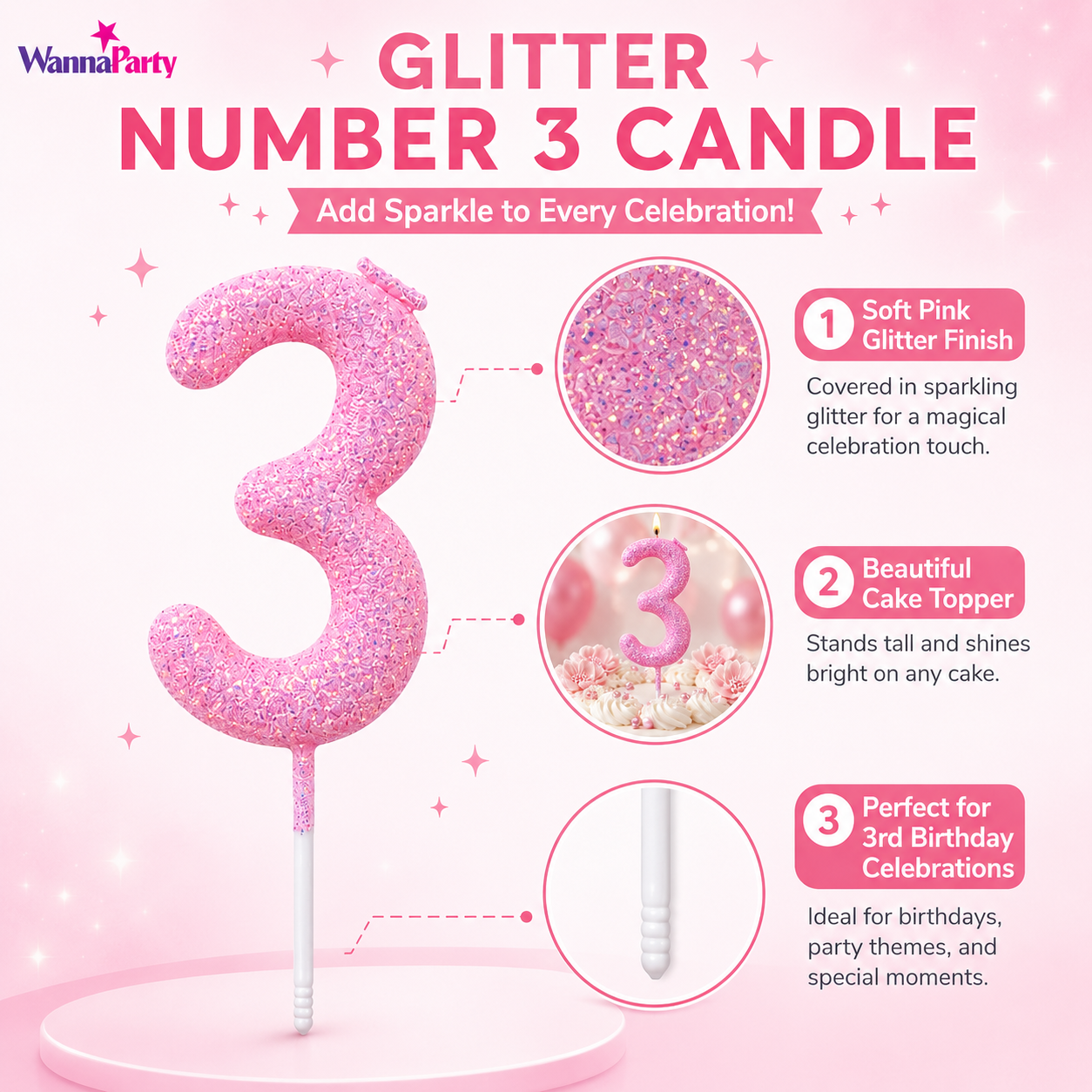 Glitter Designer Pink Candle No. 3