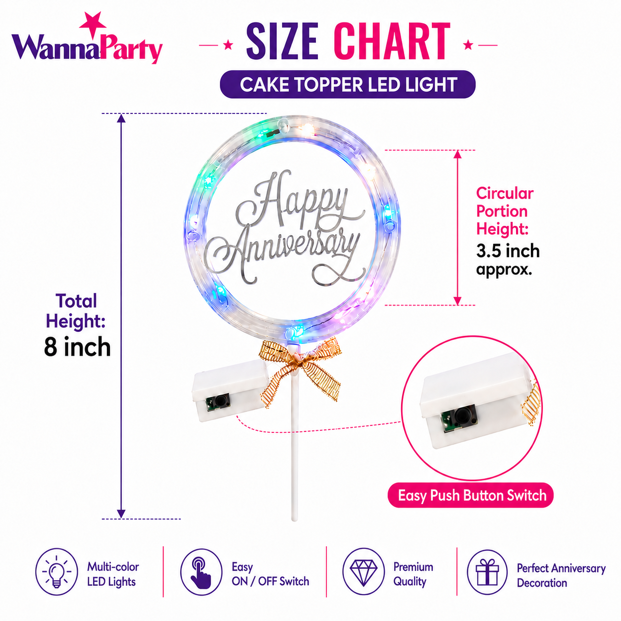 Happy Anniversary LED Cake Topper, Transparent Round Cake Decoration with Gold Text, Built-In Light String & Bow for Anniversary Party, Couple Celebration & Dessert Table – 1PC