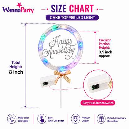 Happy Anniversary LED Cake Topper, Transparent Round Cake Decoration with Gold Text, Built-In Light String & Bow for Anniversary Party, Couple Celebration & Dessert Table – 1PC