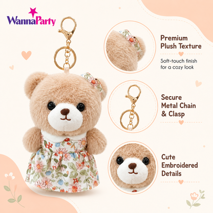 Teddy Bear Plush Keychain, Cute Soft Bear Bag Charm with Floral Dress | Gold Metal Chain, Backpack, Handbag, Keys, Birthday Return Gift & Party Favor – 1PC