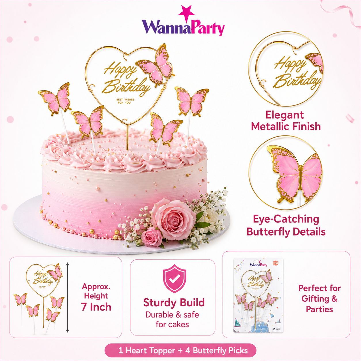 Happy Birthday Cake Topper with Pink Butterflies - 5PC