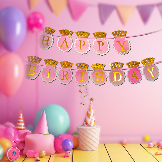 Happy Birthday Pink Banner with Golden Crown for Girls - 10FT - 1PC
