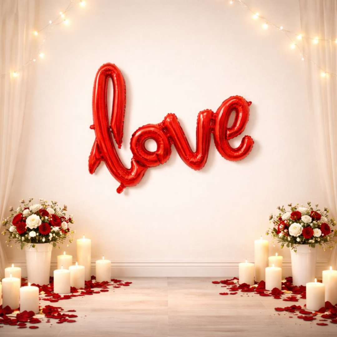 Love Red Foil Balloon Banner | Romantic Script Letter Balloon Decoration for Valentine’s Day