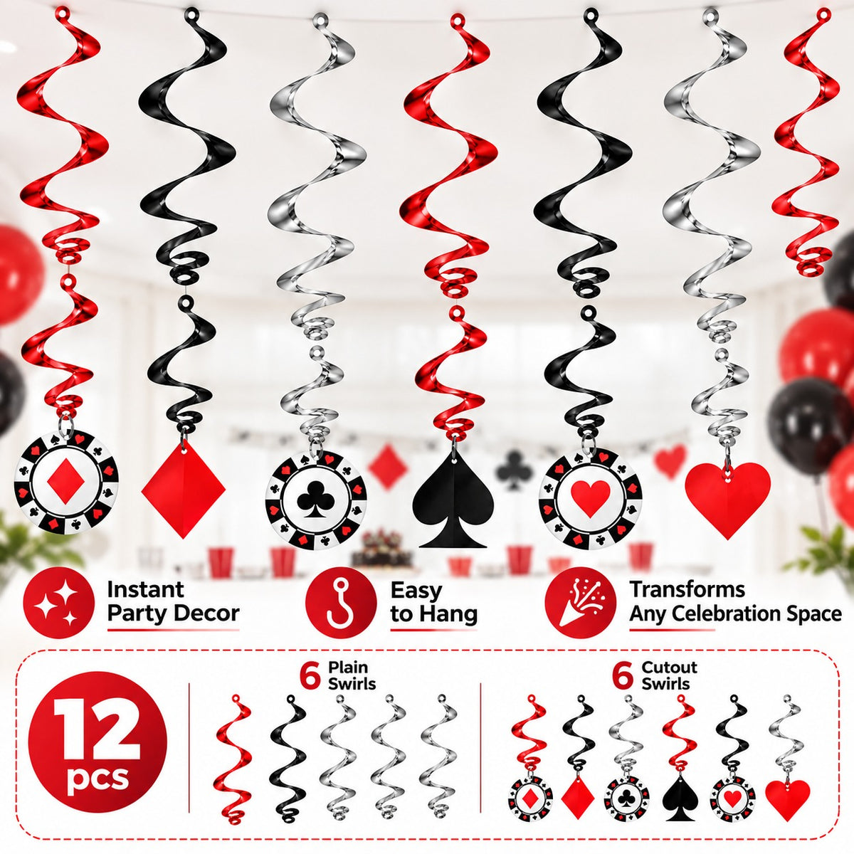 Card Party Swirl Decoration 12PC - Casino Theme Party Decor | Wanna Party