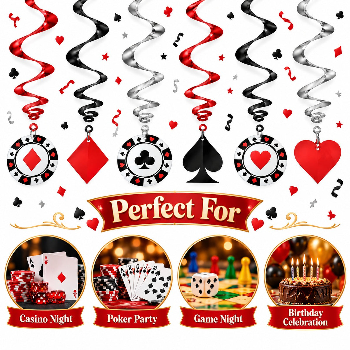 Card Party Swirl Decoration 12PC - Casino Theme Party Decor | Wanna Party