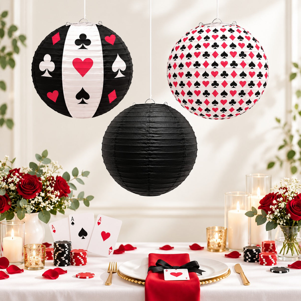 Card Party Paper Lanterns Set of 3 - Casino Theme Decor | Wanna Party