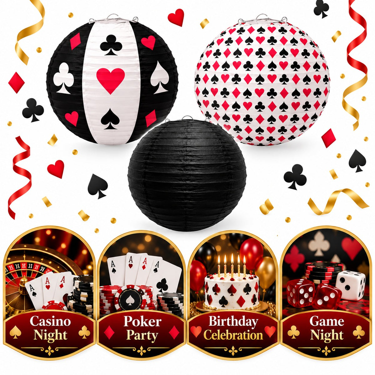 Card Party Paper Lanterns Set of 3 - Casino Theme Decor | Wanna Party