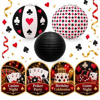 Card Party Paper Lanterns Set of 3 - Casino Theme Decor | Wanna Party
