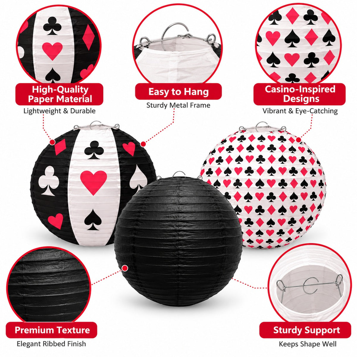 Card Party Paper Lanterns Set of 3 - Casino Theme Decor | Wanna Party