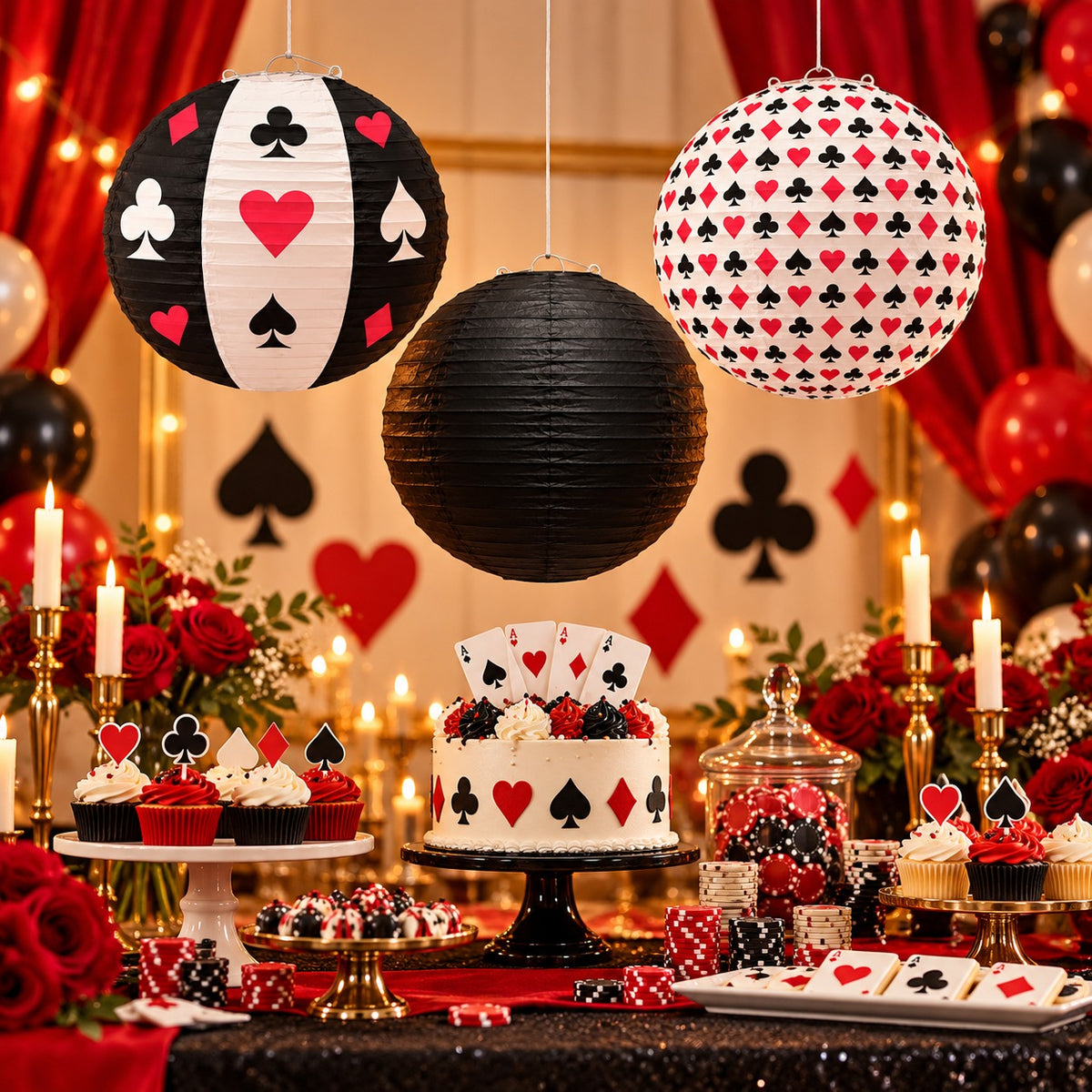 Card Party Paper Lanterns Set of 3 - Casino Theme Decor | Wanna Party