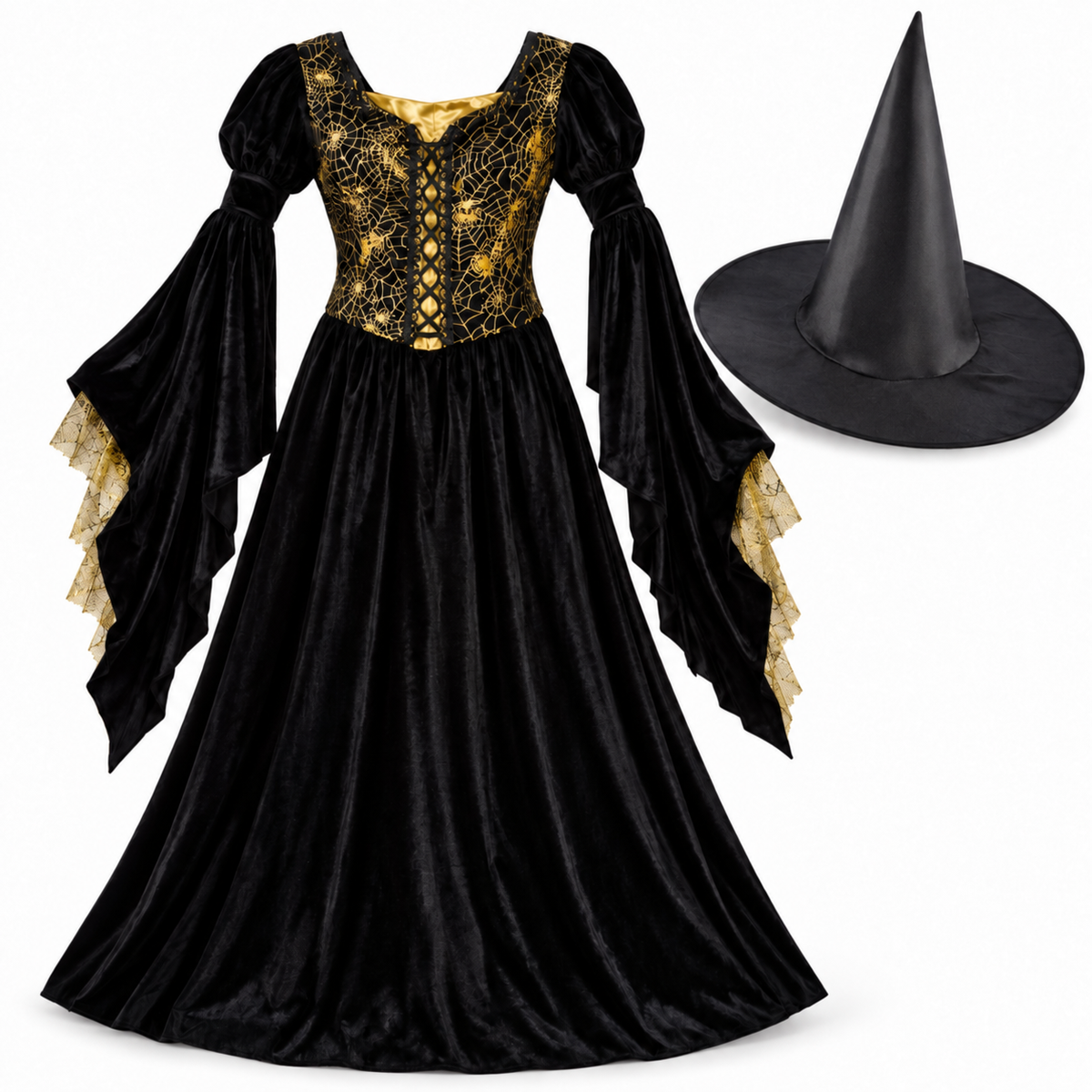 Golden Web Witch Costume for Women – Size M | Black & Gold Halloween Fancy Dress for Spooky Theme Parties & Costume Events