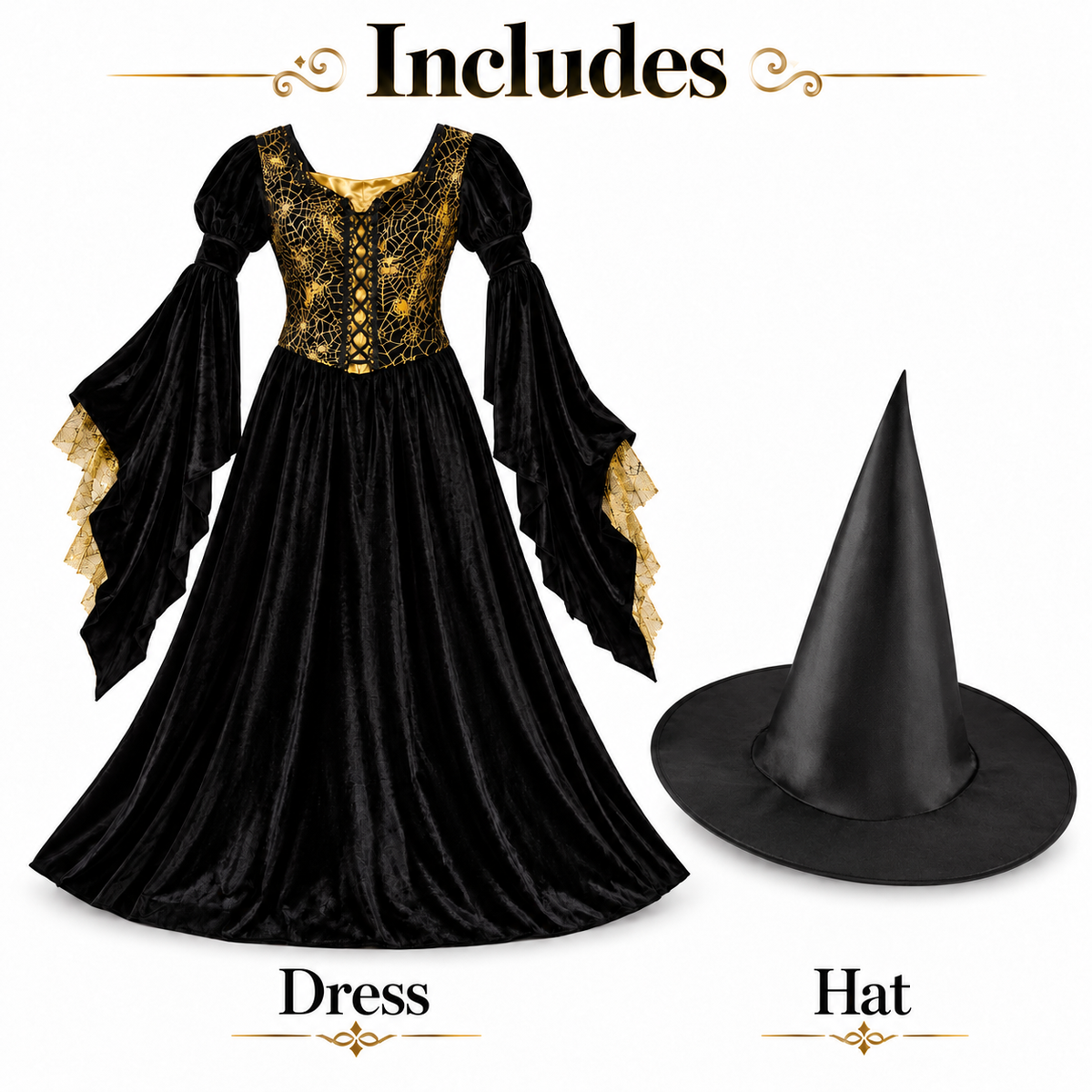 Golden Web Witch Costume for Women – Size M | Black & Gold Halloween Fancy Dress for Spooky Theme Parties & Costume Events
