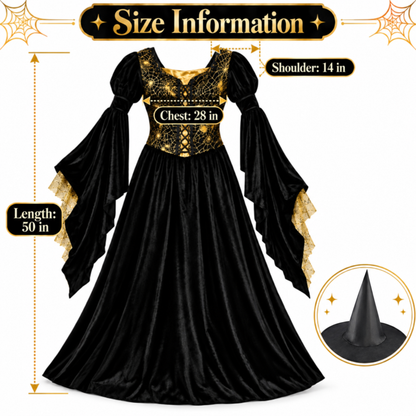 Golden Web Witch Costume for Women – Size M | Black & Gold Halloween Fancy Dress for Spooky Theme Parties & Costume Events