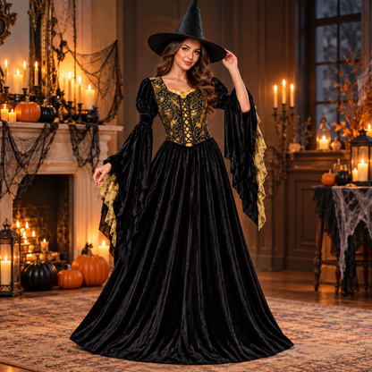 Golden Web Witch Costume for Women – Size M | Black & Gold Halloween Fancy Dress for Spooky Theme Parties & Costume Events