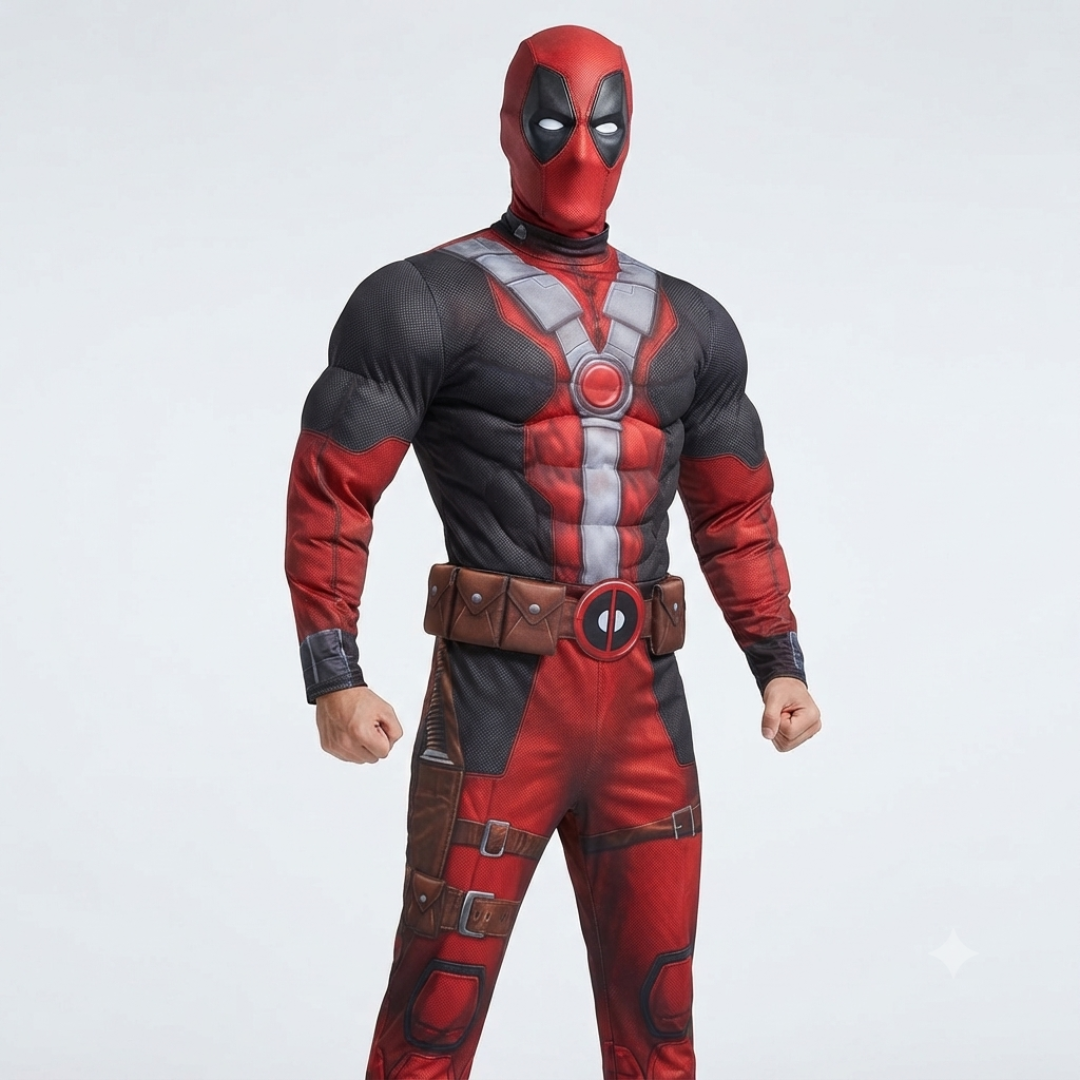 Deluxe Muscle Chest Red & Black Superhero Costume for Adults | Masked Hero Fancy Dress for Halloween, Theme Parties & Costume Events
