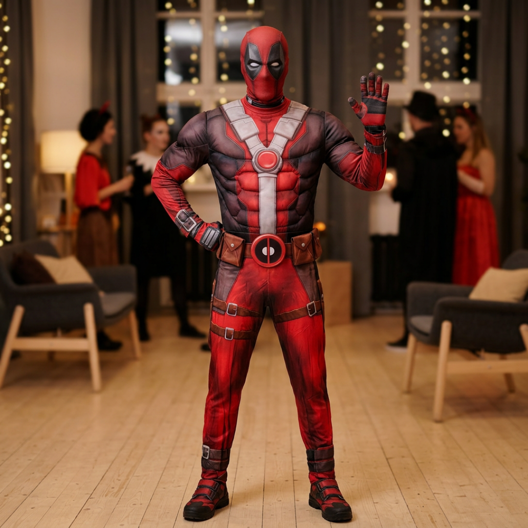 Deluxe Muscle Chest Red & Black Superhero Costume for Adults | Masked Hero Fancy Dress for Halloween, Theme Parties & Costume Events
