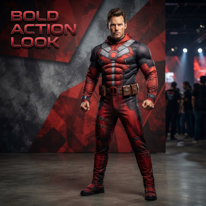 Deluxe Muscle Chest Red & Black Superhero Costume for Adults | Masked Hero Fancy Dress for Halloween, Theme Parties & Costume Events