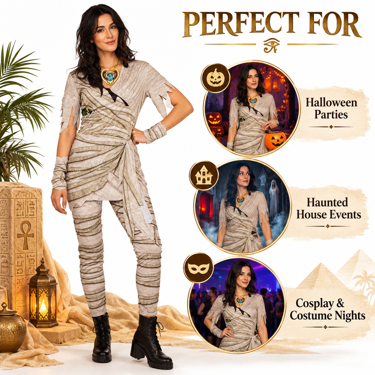 Egyptian Mummy Stretchable Costume for Adults | Ancient Egypt Halloween Fancy Dress for Spooky Theme Parties & Costume Events