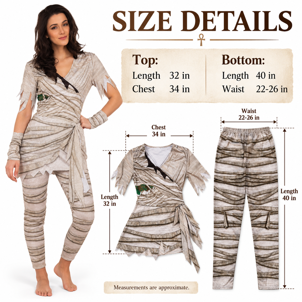 Egyptian Mummy Stretchable Costume for Adults | Ancient Egypt Halloween Fancy Dress for Spooky Theme Parties & Costume Events