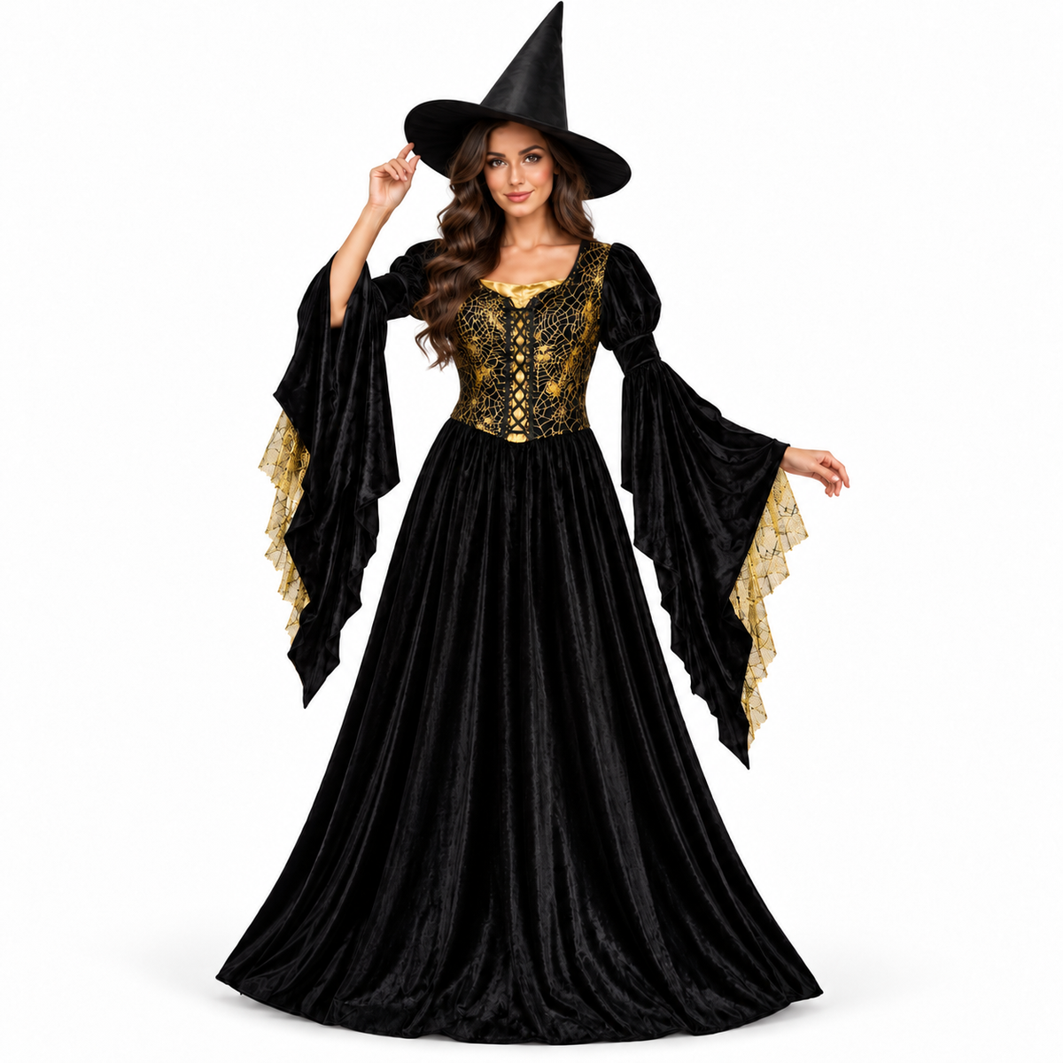 Golden Web Witch Costume for Women – Size M | Black & Gold Halloween Fancy Dress for Spooky Theme Parties & Costume Events