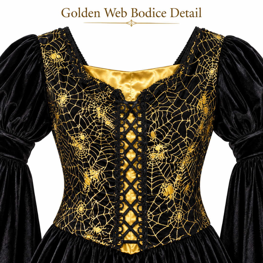 Golden Web Witch Costume for Women – Size M | Black & Gold Halloween Fancy Dress for Spooky Theme Parties & Costume Events