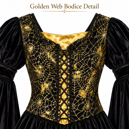 Golden Web Witch Costume for Women – Size M | Black & Gold Halloween Fancy Dress for Spooky Theme Parties & Costume Events