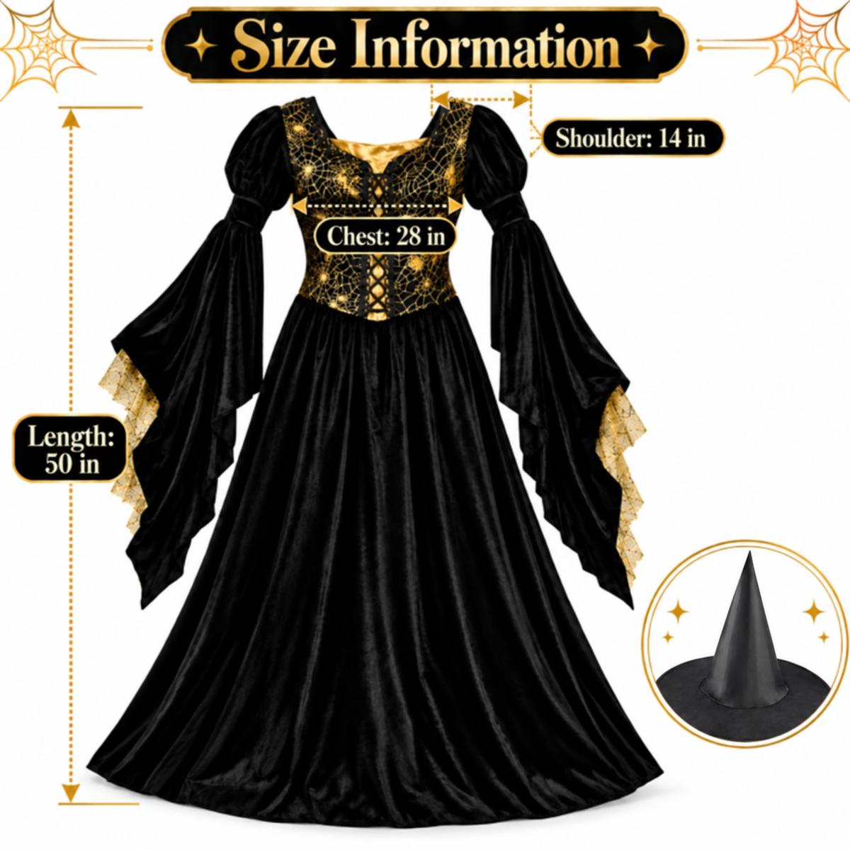 Golden Web Witch Costume for Women – Size M | Black & Gold Halloween Fancy Dress for Spooky Theme Parties & Costume Events