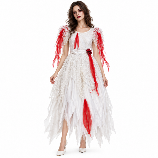 Haunted Ghost Costume for Women | White & Red Halloween Fancy Dress with Lace Detailing & Flowing Tattered Dress