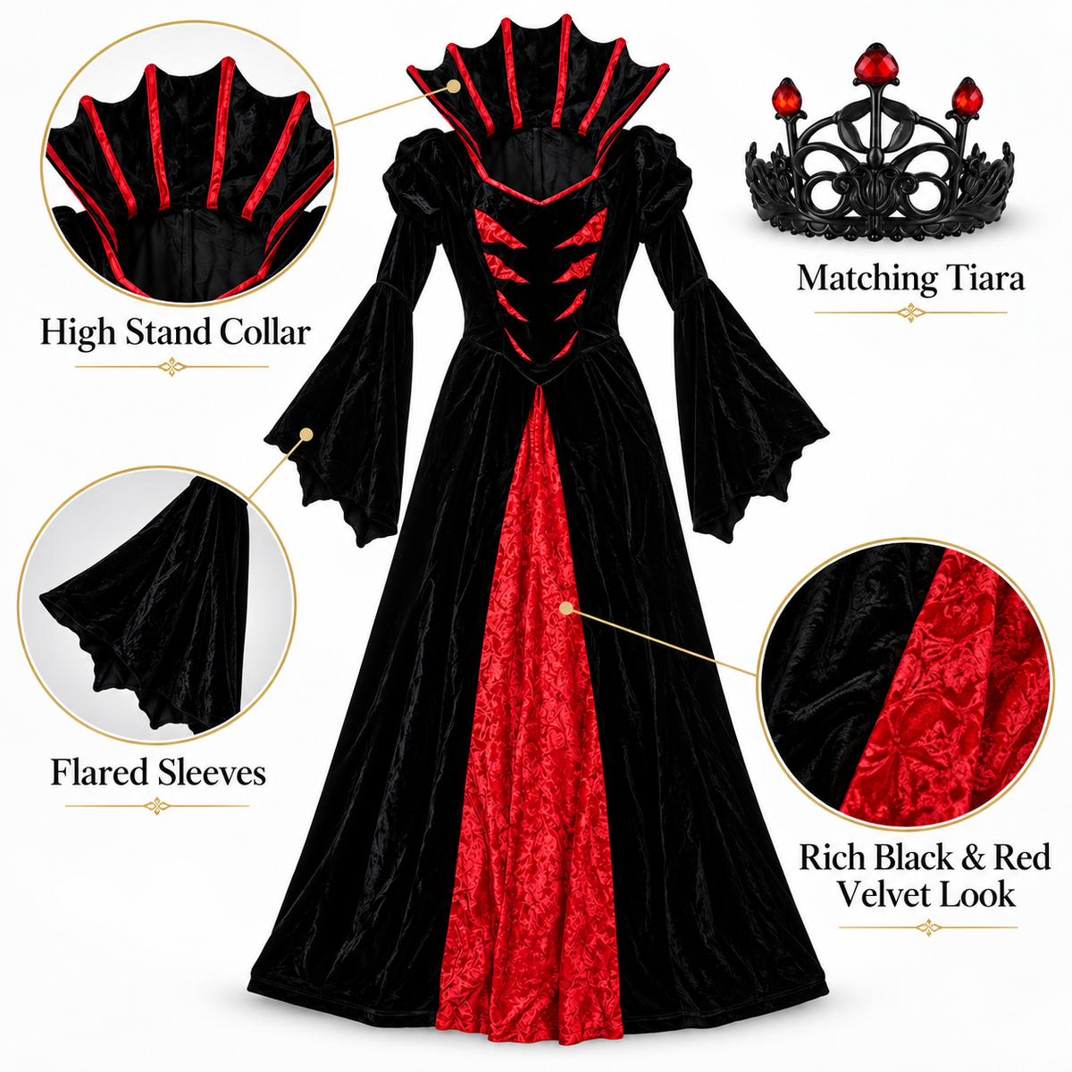 Queen of the Vampires Costume for Women | Adult Gothic Vampire Halloween Fancy Dress for Spooky Theme Parties