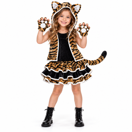 Jungle Animal Tigress Costume for Kids - Size S | Tiger Print Fancy Dress for School Events, Animal Theme Parties & Role Play