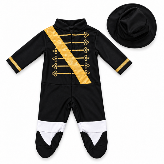 EZ-On Retro Pop Star Infant Romper Costume | Black & Gold Musician Fancy Dress with Matching Hat for Babies