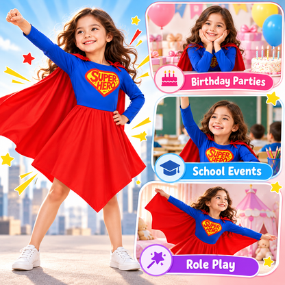 Superhero Girl Costume for Kids - Size M | Red & Blue Heroine Fancy Dress for Birthday Parties, School Events & Role Play