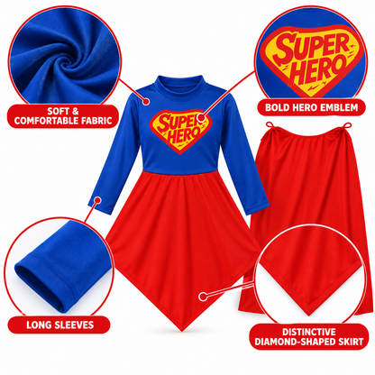 Superhero Girl Costume for Kids - Size M | Red & Blue Heroine Fancy Dress for Birthday Parties, School Events & Role Play