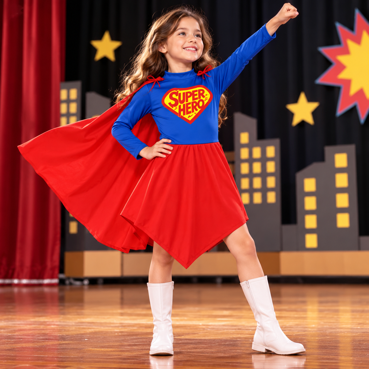 Superhero Girl Costume for Kids - Size M | Red & Blue Heroine Fancy Dress for Birthday Parties, School Events & Role Play