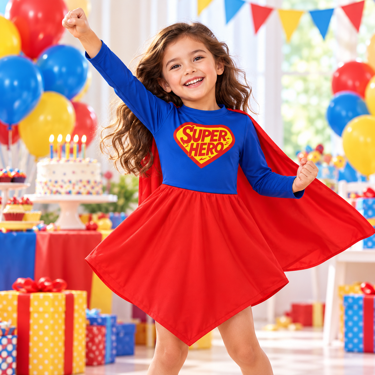 Superhero Girl Costume for Kids - Size M | Red & Blue Heroine Fancy Dress for Birthday Parties, School Events & Role Play