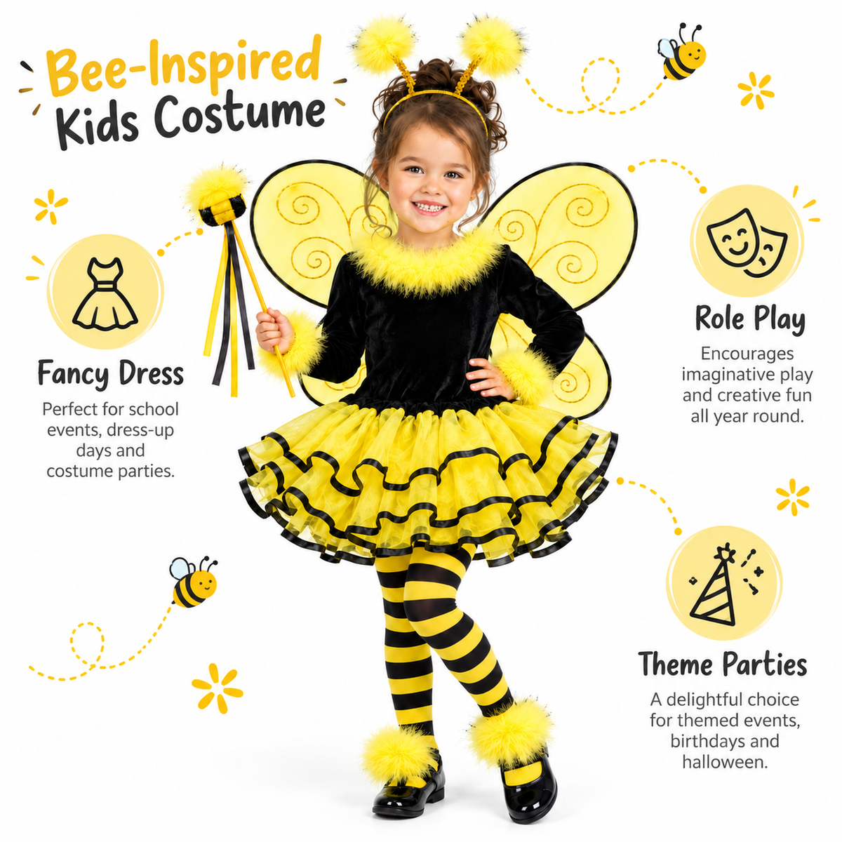 Bumble Bee Costume for Kids – Size S | Cute Bee-Inspired Fancy Dress for School Events, Theme Parties & Role Play
