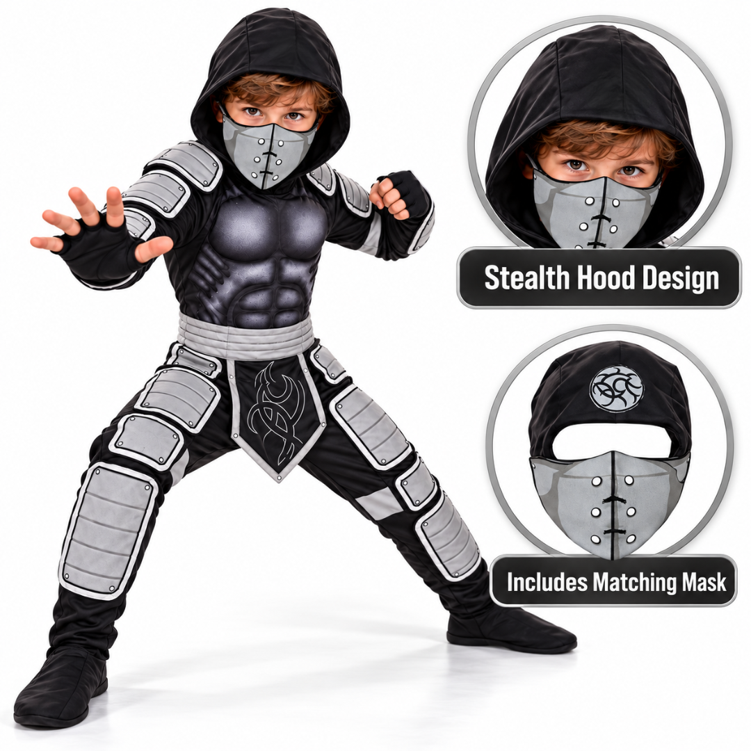 Muscle Chest Stealth Ninja Costume for Boys - Size M | Kids Ninja Fancy Dress for School Events, Theme Parties & Role Play