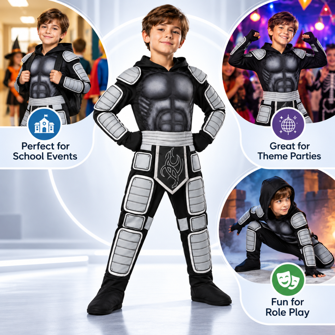 Muscle Chest Stealth Ninja Costume for Boys - Size M | Kids Ninja Fancy Dress for School Events, Theme Parties & Role Play