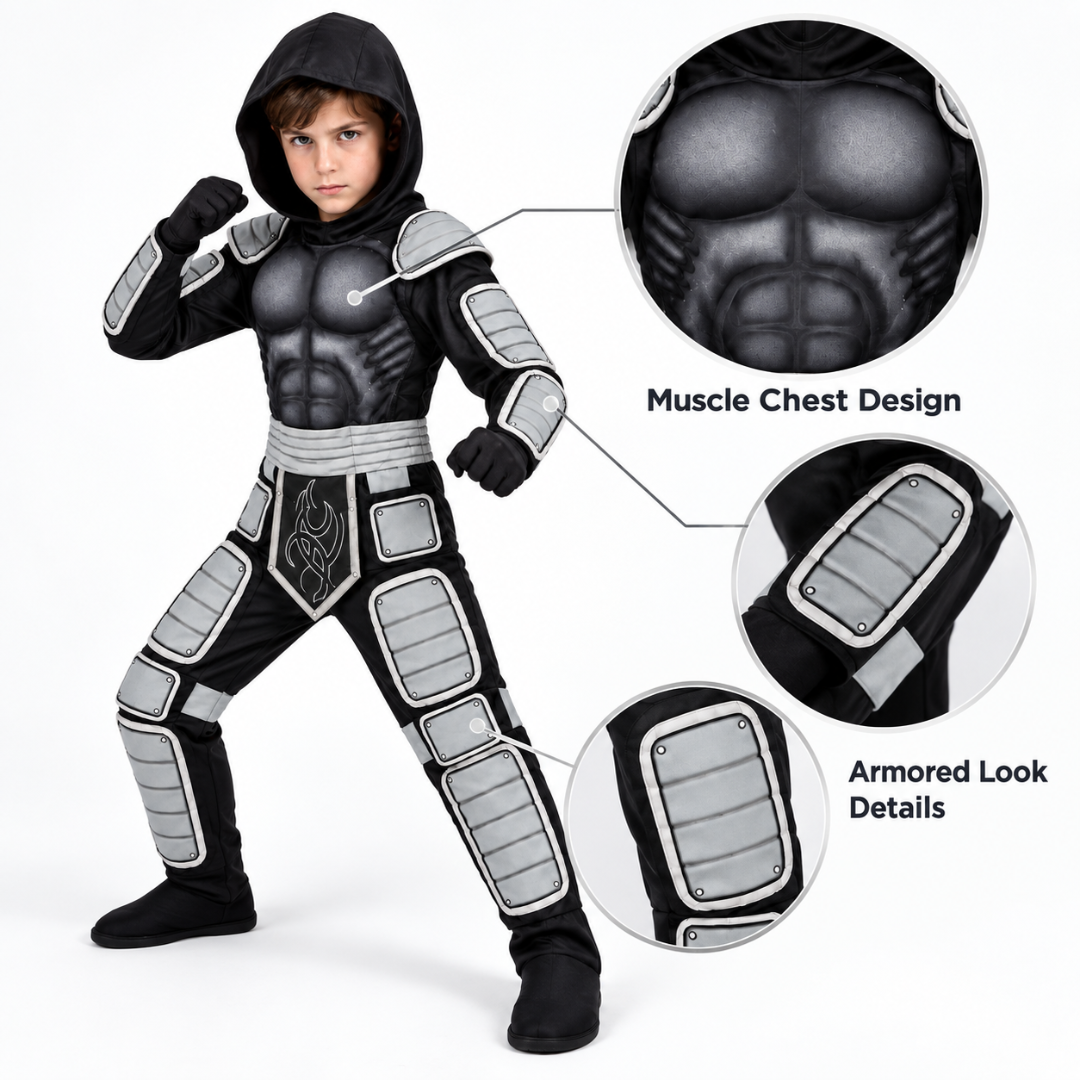 Muscle Chest Stealth Ninja Costume for Boys - Size M | Kids Ninja Fancy Dress for School Events, Theme Parties & Role Play