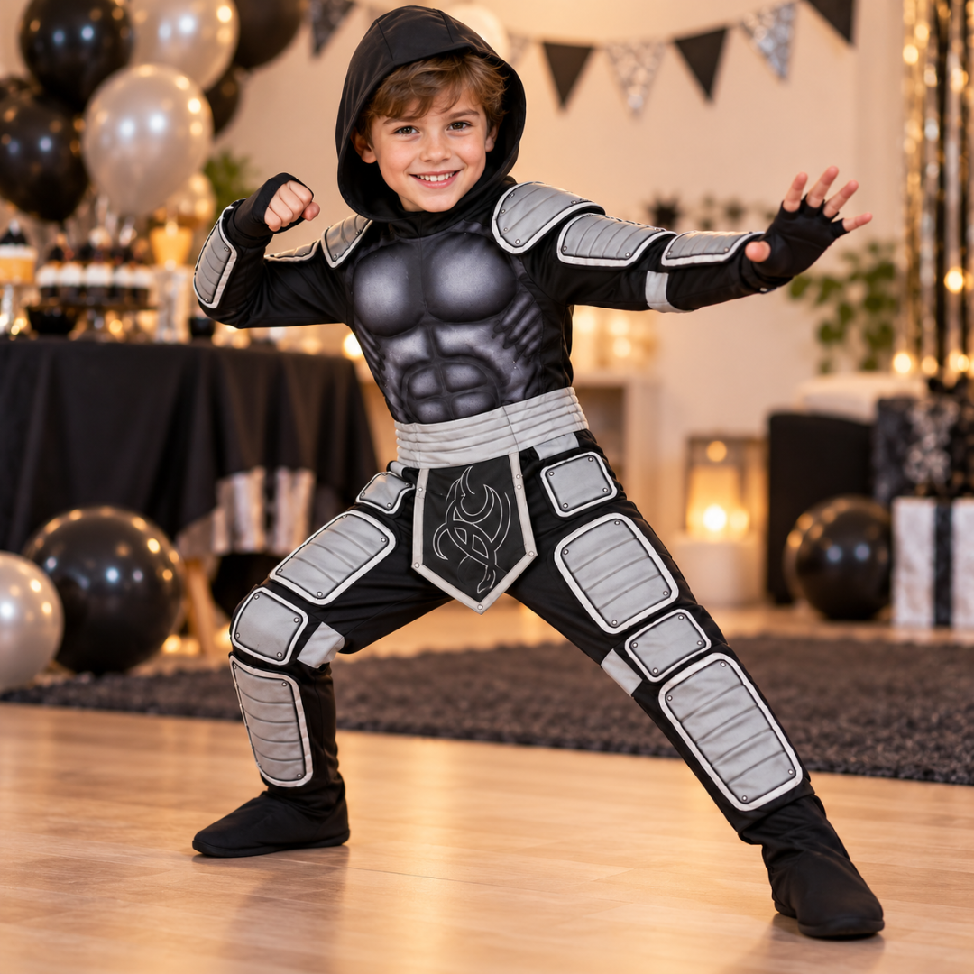 Muscle Chest Stealth Ninja Costume for Boys - Size M | Kids Ninja Fancy Dress for School Events, Theme Parties & Role Play