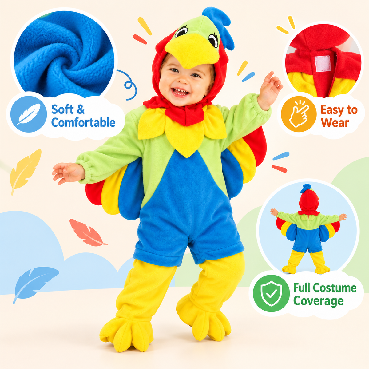 Parrot Costume for Kids - Size S | Colourful Bird Fancy Dress for Jungle Theme Parties, School Events & Role Play