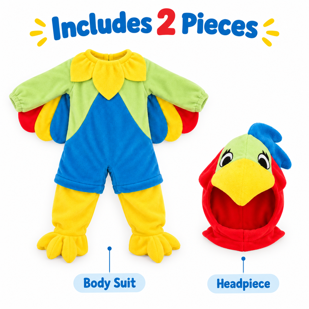 Parrot Costume for Kids - Size S | Colourful Bird Fancy Dress for Jungle Theme Parties, School Events & Role Play