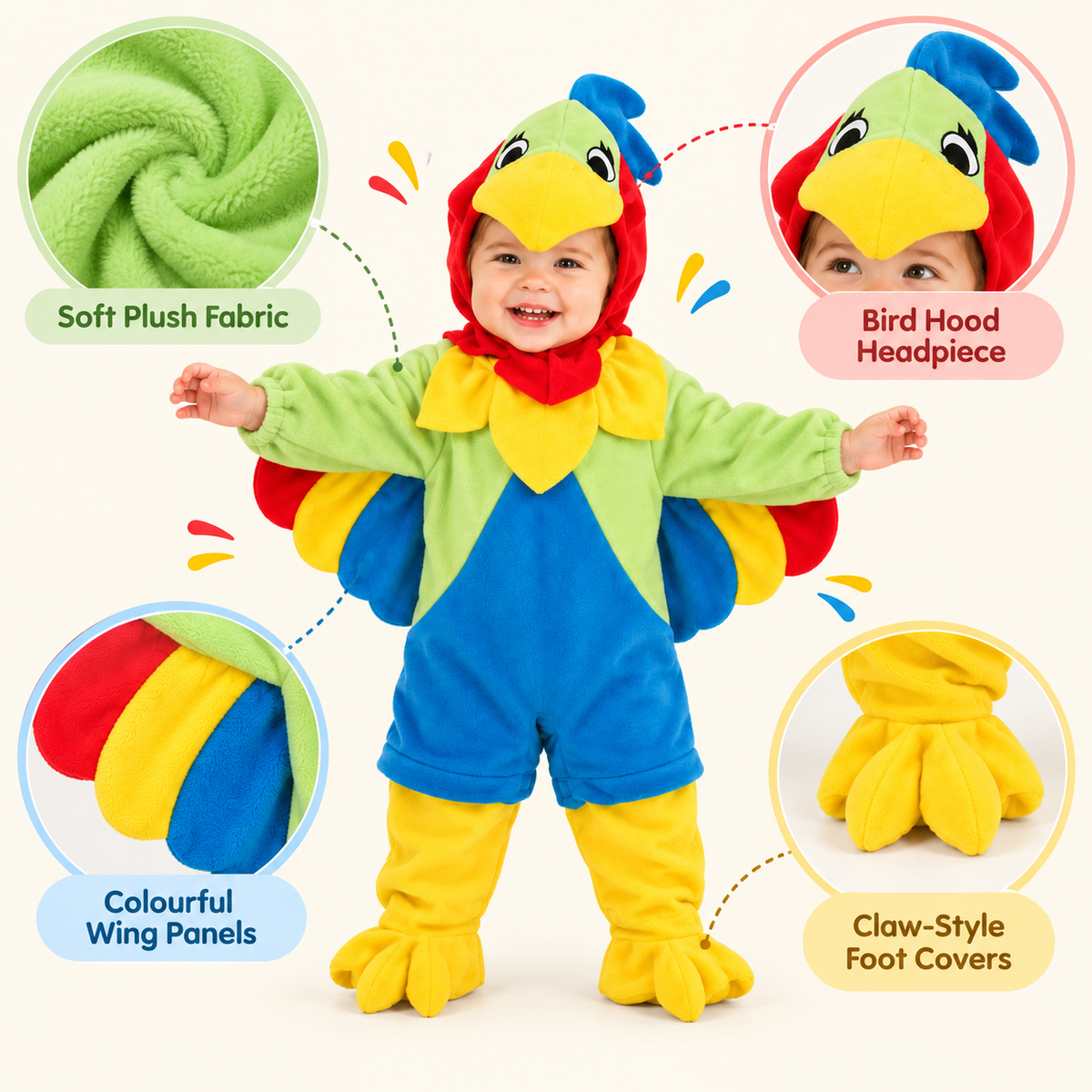 Parrot Costume for Kids - Size S | Colourful Bird Fancy Dress for Jungle Theme Parties, School Events & Role Play