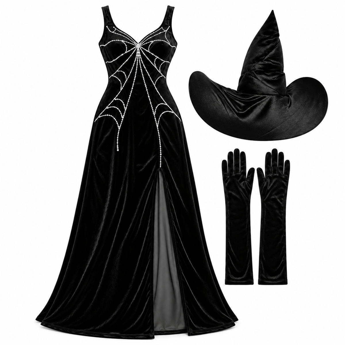 Sassy Black Long Women Costume w/ Spider Web Print & Witch Hat for Halloween/ Theme Party - 1PC