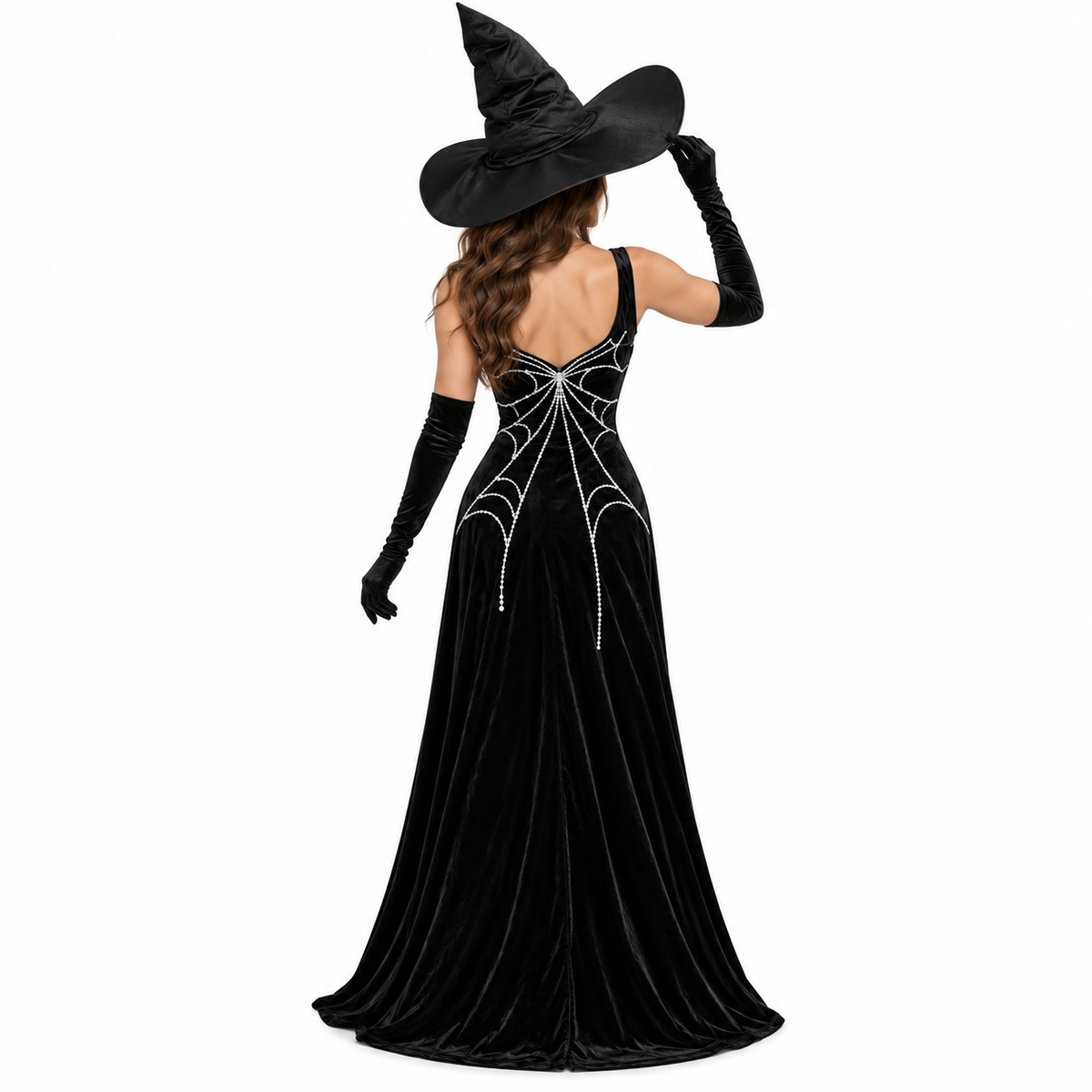 Sassy Black Long Women Costume w/ Spider Web Print & Witch Hat for Halloween/ Theme Party - 1PC