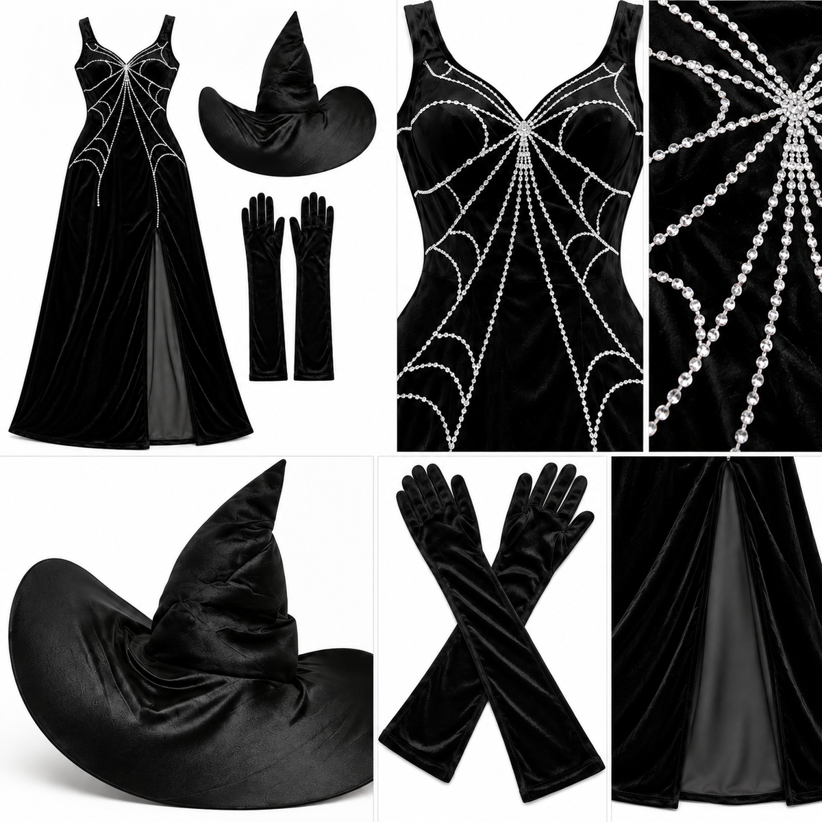 Sassy Black Long Women Costume w/ Spider Web Print & Witch Hat for Halloween/ Theme Party - 1PC
