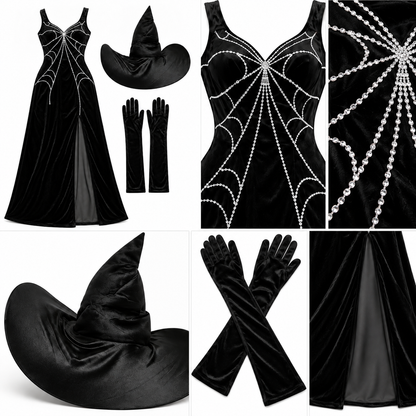 Sassy Black Long Women Costume w/ Spider Web Print & Witch Hat for Halloween/ Theme Party - 1PC